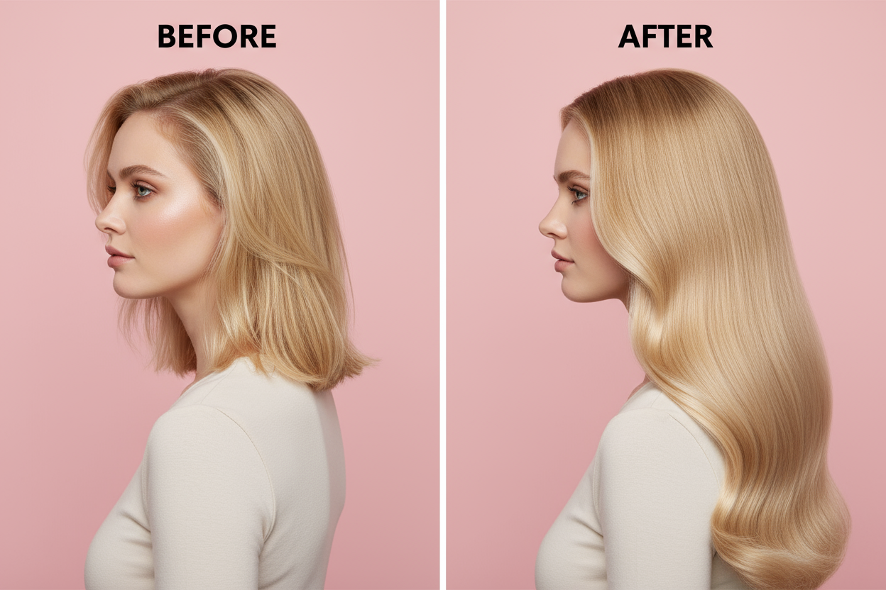 make a before and after of hair extensions. put before and after 260g Clip Extensions. I would ike the woman to be blonde haired. and I would like the background pink.